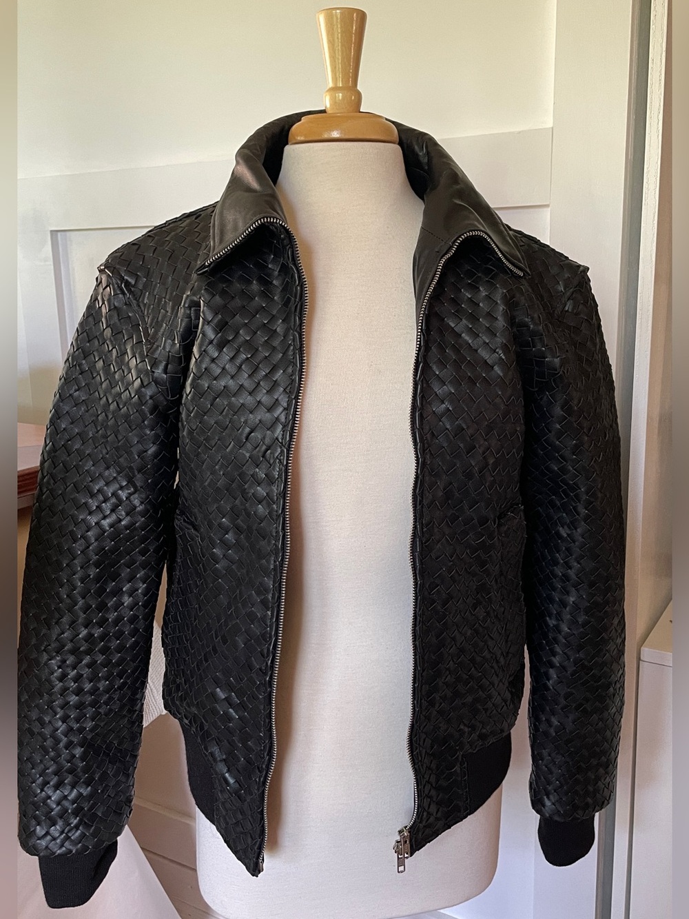 Intrecciato black woven genuine leather blouson bomber jacket - Bottega Vibes!